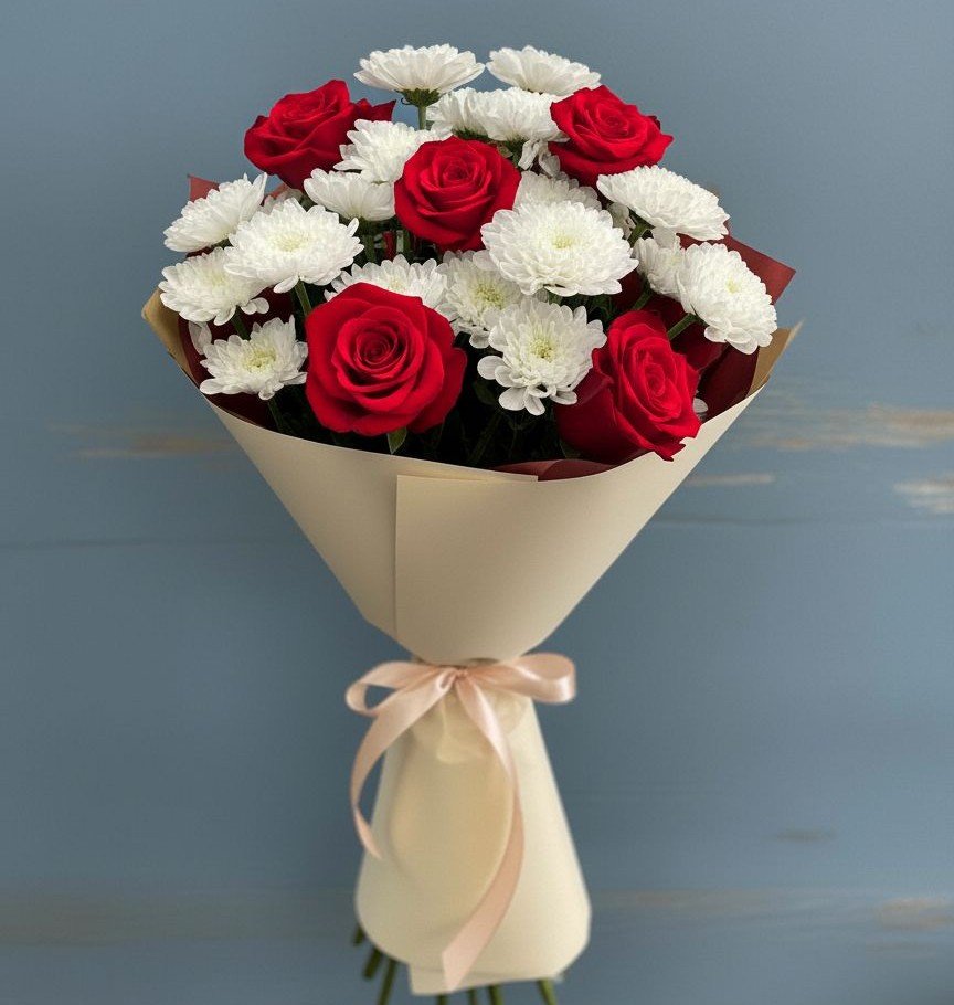 Букет цветов из: Розы и Хризантемы в Дубовой Роще