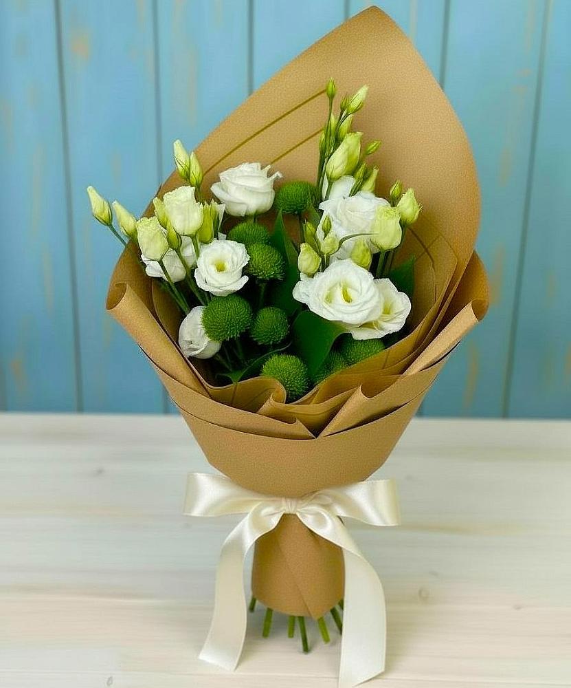 Букет цветов из: Хризантемы и Лизиантусы в Дубовой Роще