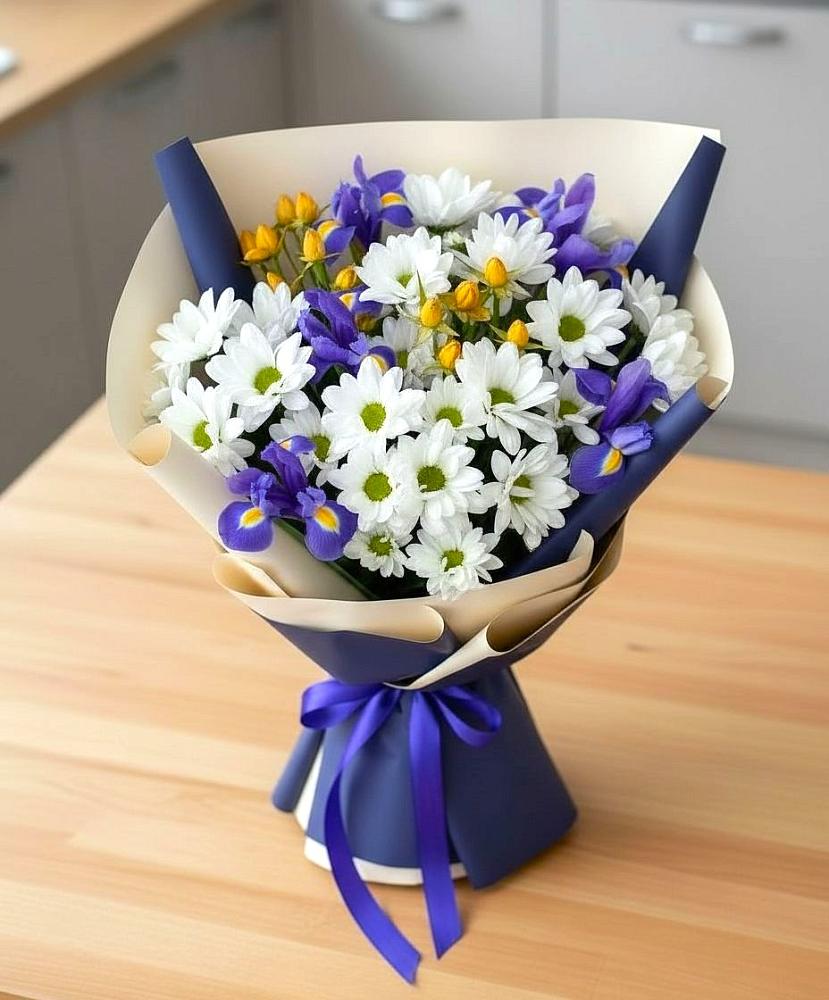 Букет цветов из: Розы, Ирисы и Хризантемы в Дубовой Роще