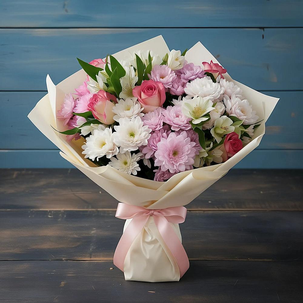 Букет цветов из: Хризантемы, Альстромерии и Розы в Дубовой Роще